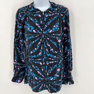 Alice & Trixie 100% Silk Print Zip Front Blouse Size XS Black Blue Pink